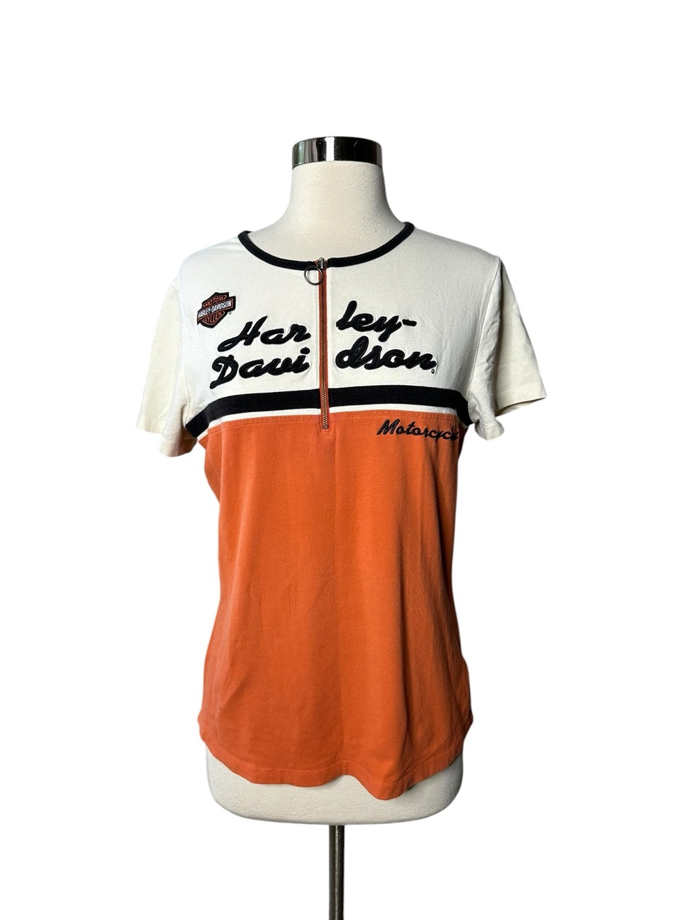 Harley-Davidson Vintage Style Colorblock 1/4 Zip Graphic Tee Orange Cream L